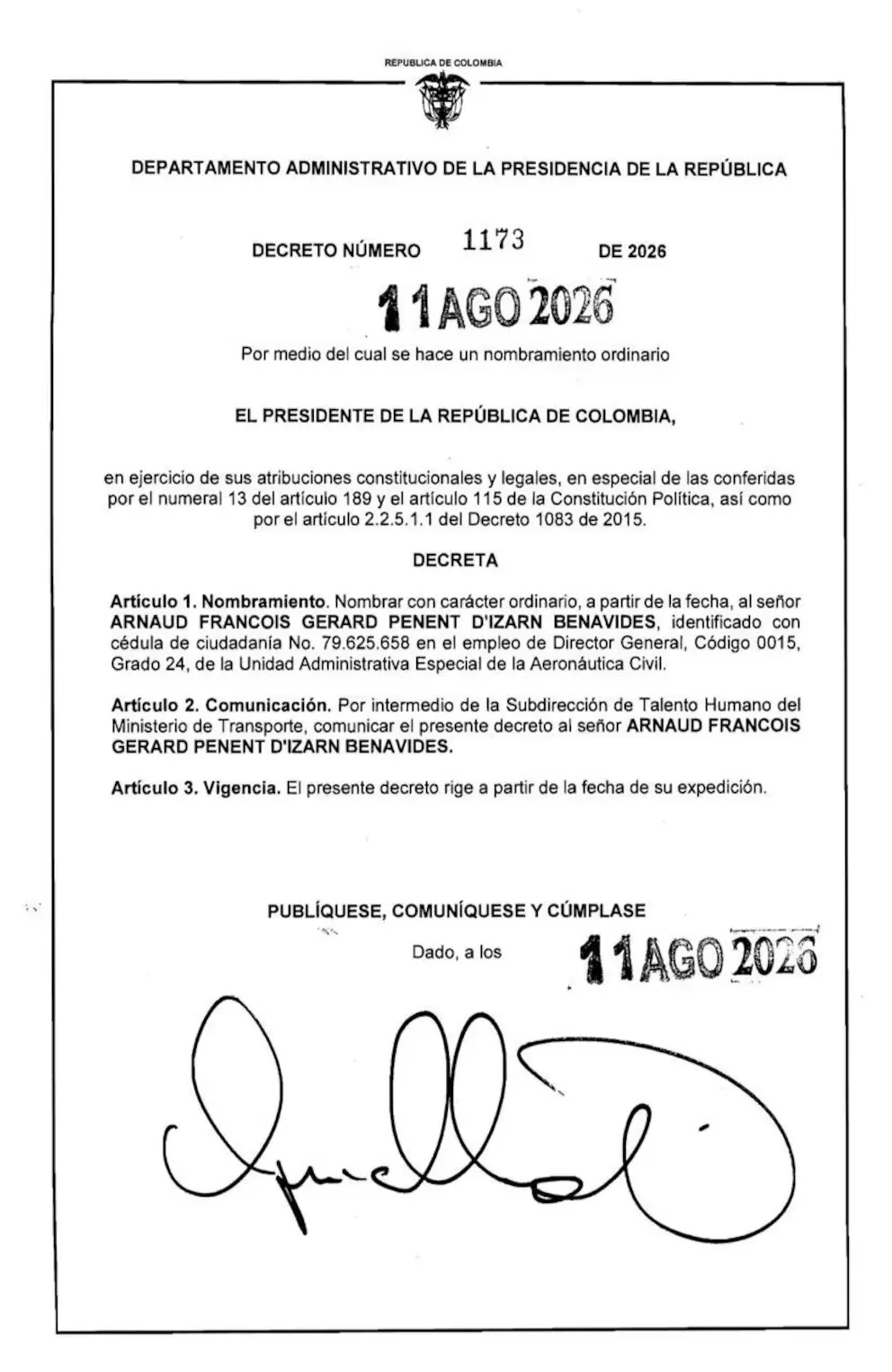 Arnaud Penent D’Izarn asume la dirección de la Aeronáutica Civil en el Gobierno de De la Espriella