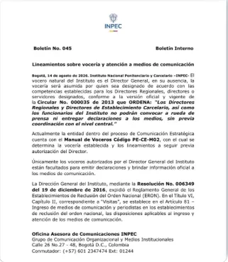 Dirección del INPEC recordó lineamientos sobre vocería institucional y atención a medios
