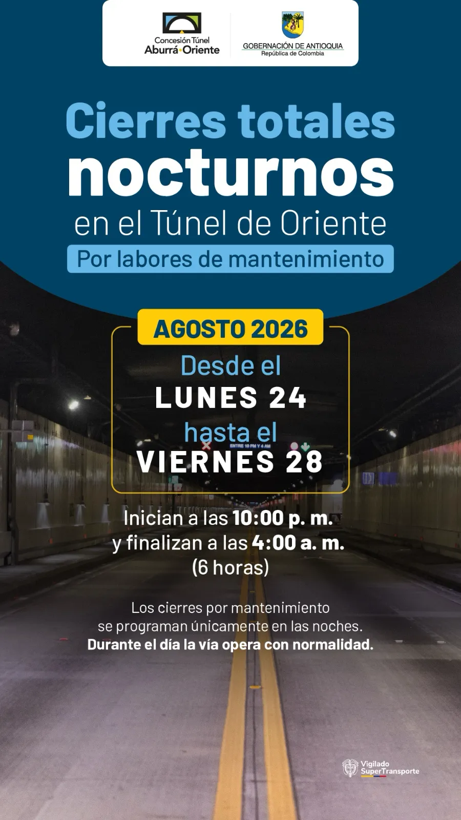 Cierres parciales en el soterrado de Parques del Río, cambios viales en las palmas y cierres en el túnel de oriente esta semana 
