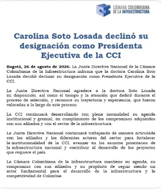 Junta Directiva de la CCI agradeció a Carolina Soto tras su decisión de no asumir el cargo

