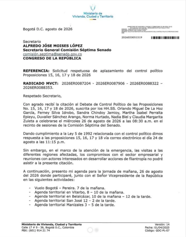 Ministro de Vivienda justificó solicitud de aplazamiento de debate en el Senado