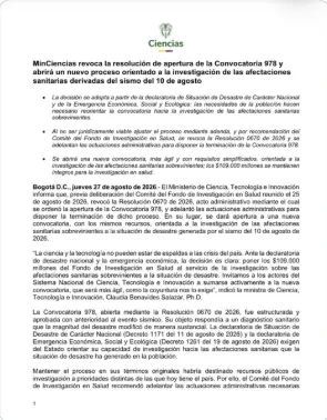 MinCiencias y MinSalud priorizarán territorios afectados por el terremoto en nueva convocatoria científica