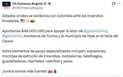 US$48.000 en equipos y apoyo especializado llegarán a zonas afectadas por incendios en Colombia