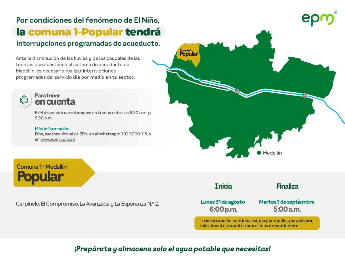 Medellín implementa racionamientos de agua ante la escasez generada por el fenómeno de El Niño. Consulte qué día le toca 