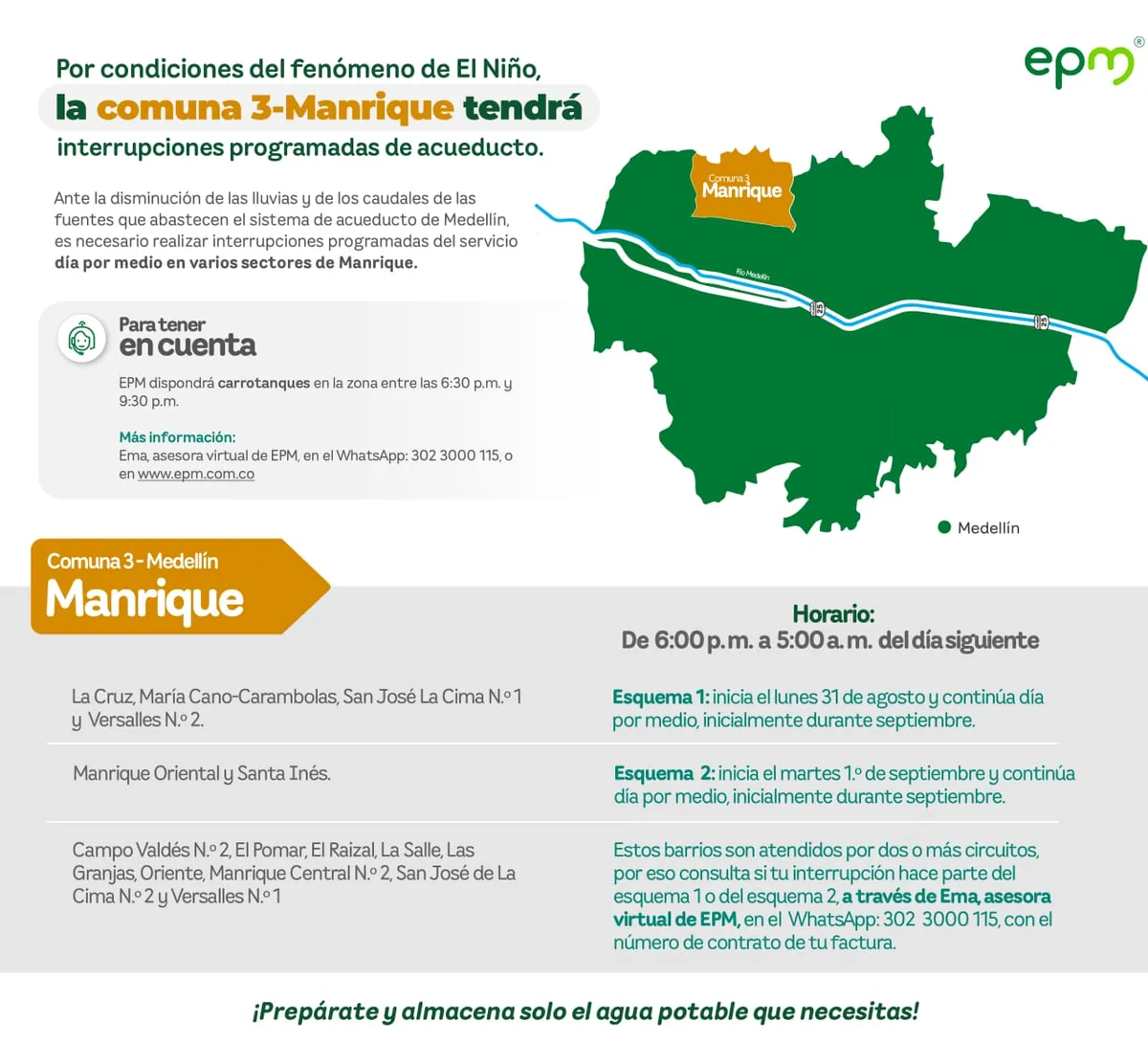 Medellín implementa racionamientos de agua ante la escasez generada por el fenómeno de El Niño. Consulte qué día le toca 