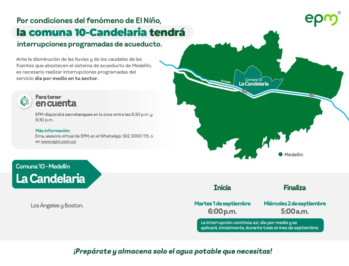 Medellín implementa racionamientos de agua ante la escasez generada por el fenómeno de El Niño. Consulte qué día le toca 