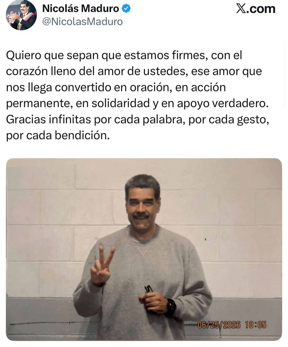 Maduro envía sus primeras imágenes desde la prisión en Nueva York