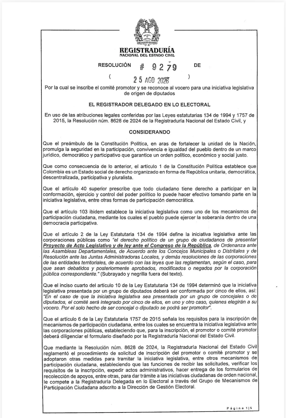 Reconocido comité promotor para acto legislativo sobre autonomía regional