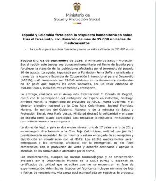 Donación de España apoyará atención en salud de comunidades afectadas por el terremoto del 10 de agosto