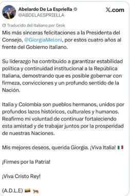 De la Espriella resaltó estabilidad del Gobierno de Meloni en Italia