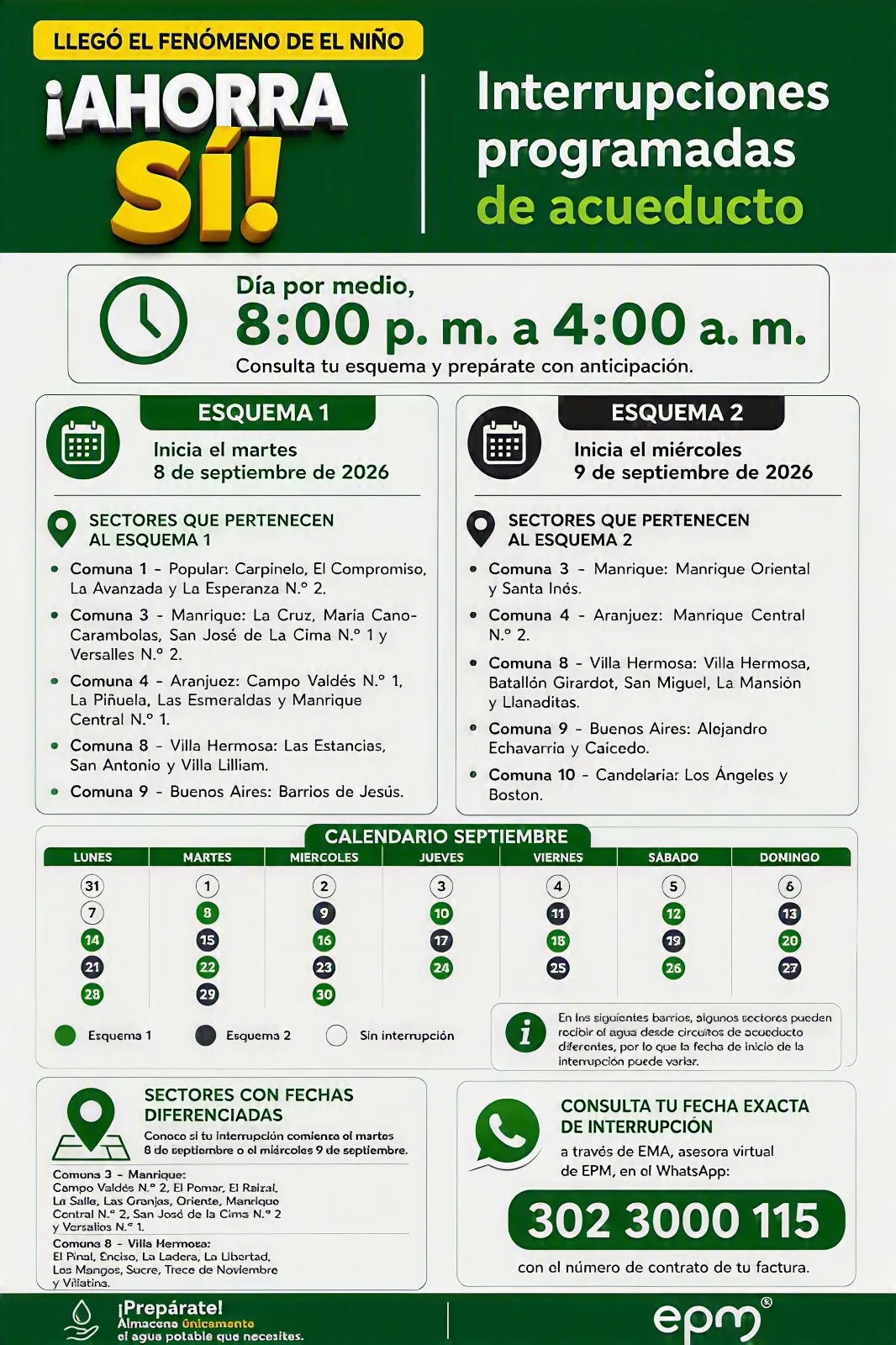 Estas son las zonas de Medellín que tendrán cortes programados de agua desde hoy martes 8 de septiembre