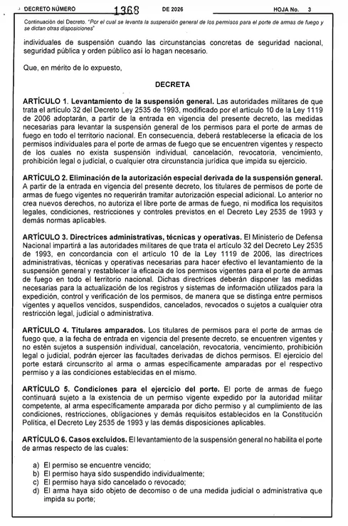 Restablecimiento del porte de armas en Colombia: un giro en la política de seguridad. Presidente De la Espriella derogó la prohibición