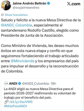 Jaime Andrés Beltrán felicitó a Rodolfo Castillo por su elección al frente de la Junta de la ANDI
