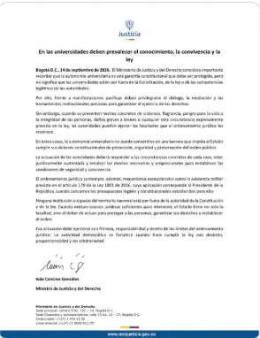 Ministerio de Justicia advirtió que autonomía universitaria no está por encima de la Constitución y la ley