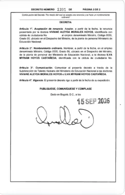 Decreto 1395 confirma cambio en la dirección del Ministerio de Educación