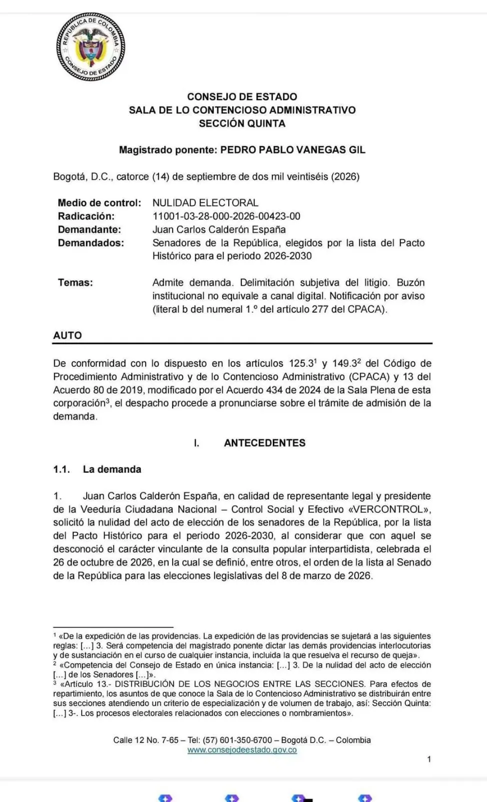 Consejo de Estado admitió demanda contra senadores del Pacto Histórico juntos 