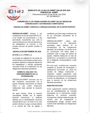 Sindicato de Asmet Salud llamó a plantón nacional ante incumplimiento en el pago de salarios