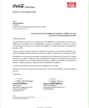 Coca-Cola se aparta de la Cámara de Bebidas de la ANDI y mantiene su afiliación al gremio