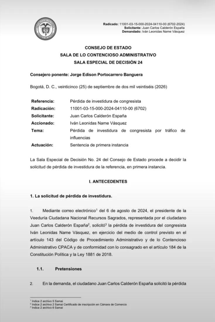El Consejo de Estado declaró la pérdida de investidura en primera instancia del senador Iván Name por presuntas irregularidades en el trámite de la reforma pensional