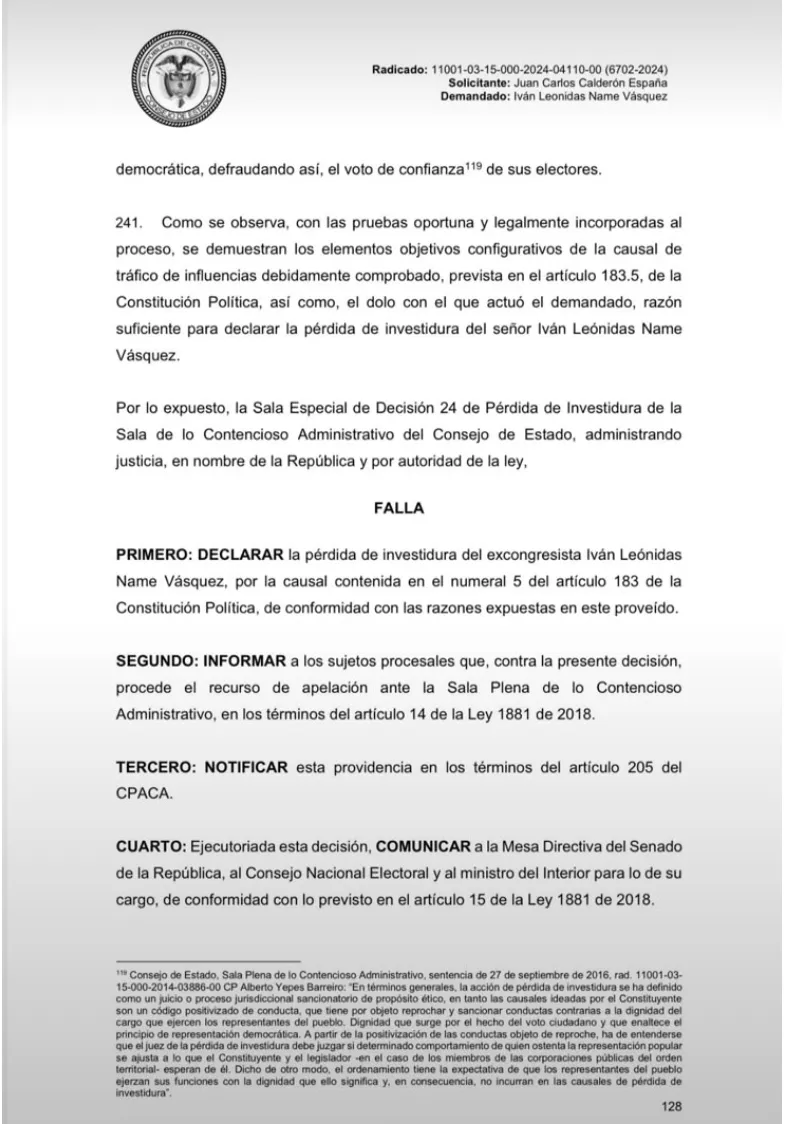El Consejo de Estado declaró la pérdida de investidura en primera instancia del senador Iván Name por presuntas irregularidades en el trámite de la reforma pensional