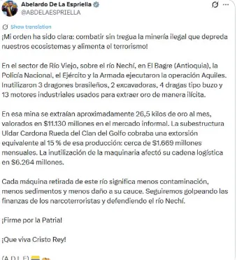 Gobierno reportó intervención de maquinaria minera ilegal con producción estimada en $11.130 millones en el Bajo Cauca