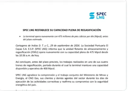 Terminal de regasificación de Cartagena recuperó su operación completa