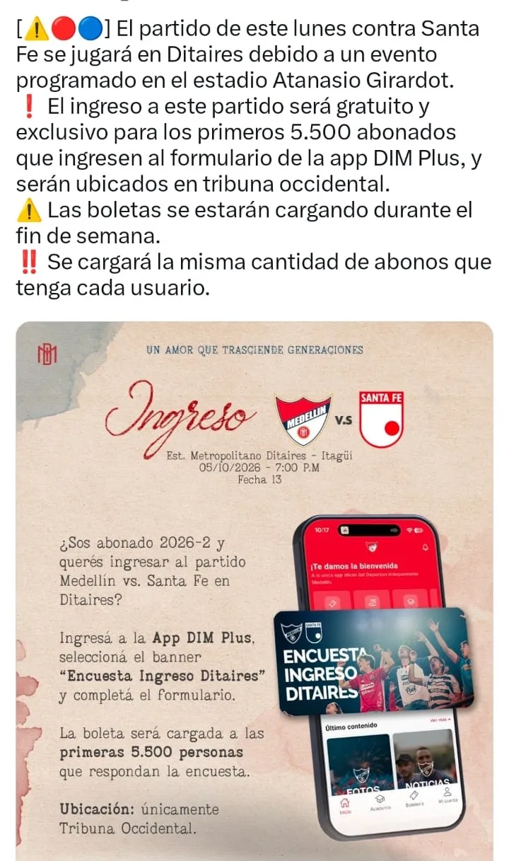 El DIM se mudará a Ditaires por evento en el Atanasio, limitación de aforo genera controversia entre los abonados