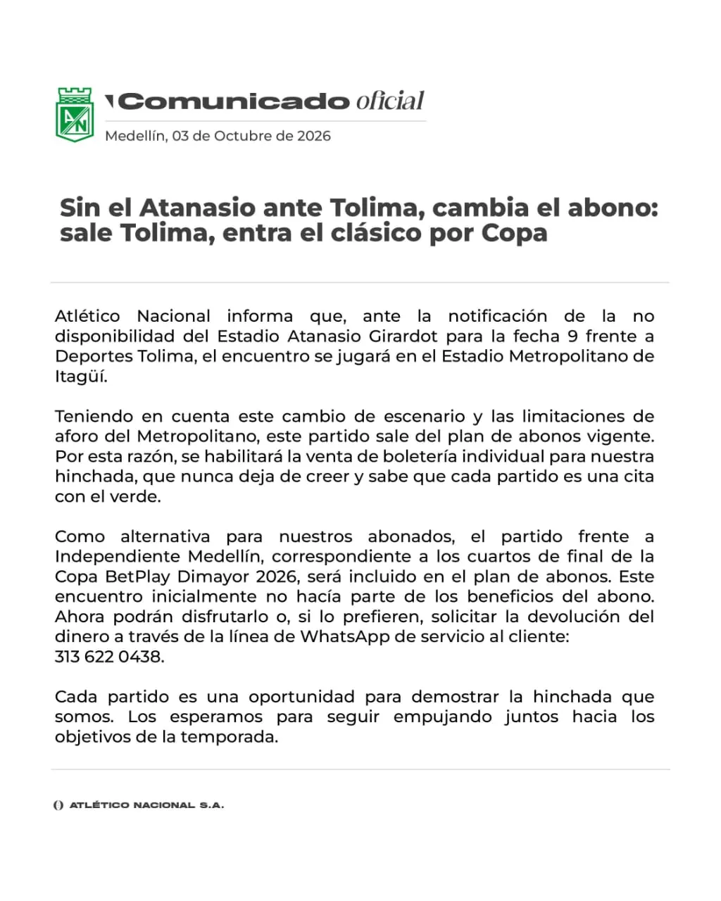 Nacional jugará en Ditaires ante Tolima y compensará a sus abonados con el clásico por Copa