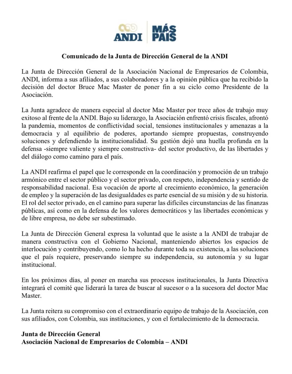 Aceptaron renuncia de Bruce Mac Master y deja la presidencia de la ANDI tras 13 años de liderazgo