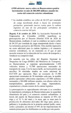 Costo del transporte de carga en Buenaventura podría aumentar por nueva tarifa, advirtió la Andi