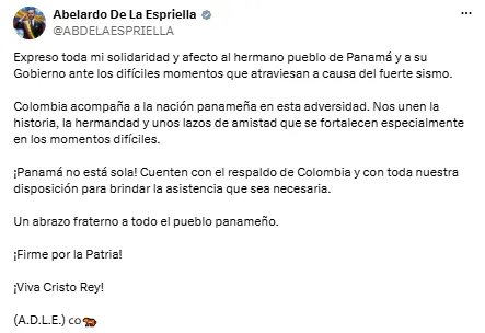 De la Espriella envió un mensaje de apoyo al pueblo panameño tras terremoto en el Pacífico