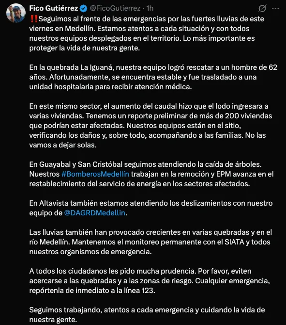 Intensas lluvias provocaron emergencias y caos en el Valle de Aburrá. Alcaldía de Medellín se volcó en atención esta noche de viernes