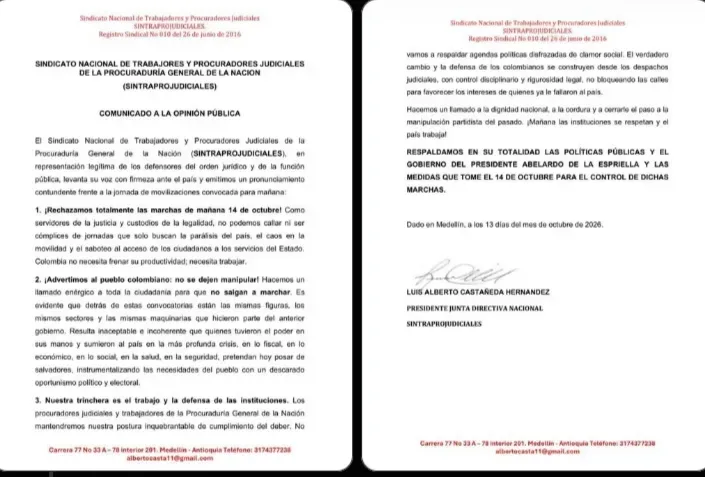 De la Espriella agradeció respaldo de sindicato judicial frente a las protestas de hoy en el país