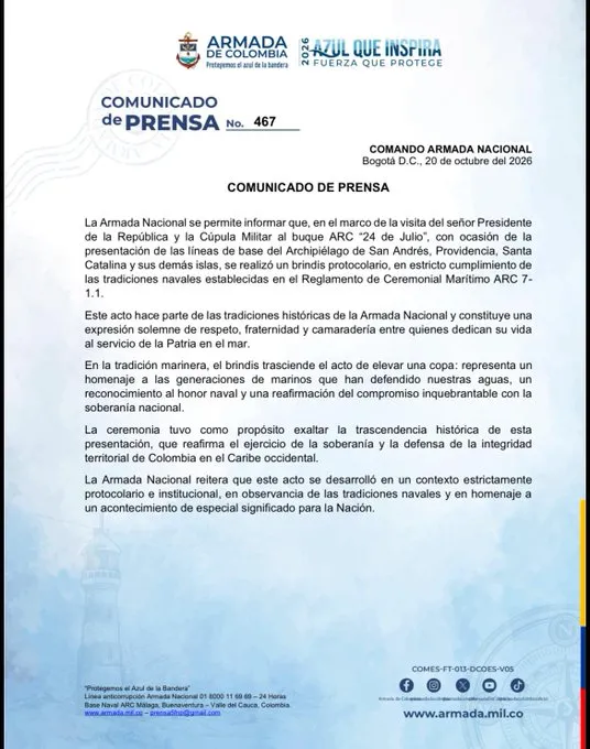 Armada Nacional defiende brindis protocolario durante visita presidencial al archipiélago de San Andrés