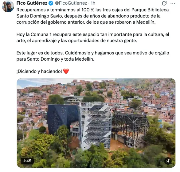 Alcaldía de Medellín finaliza la reconstrucción total del Parque Biblioteca Santo Domingo Savio
