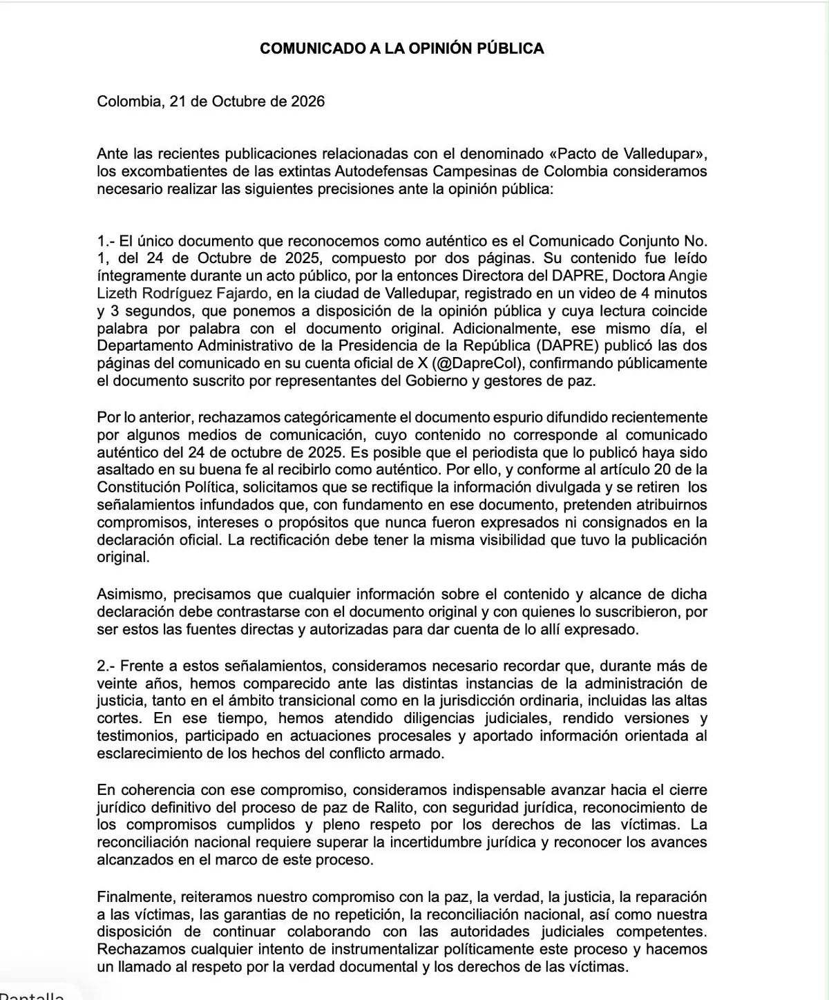 Exjefes de las autodefensas desmienten versiones sobre el Pacto de Valledupar y exigen rectificación