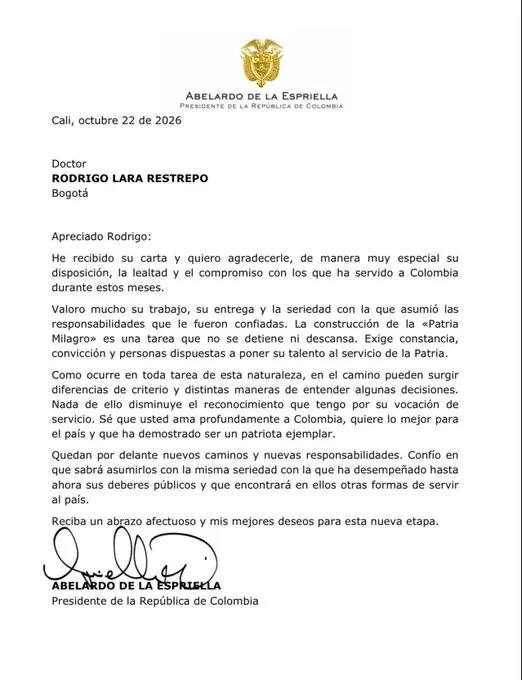 El presidente Abelardo de la Espriella responde formalmente a la salida de Rodrigo Lara Restrepo
