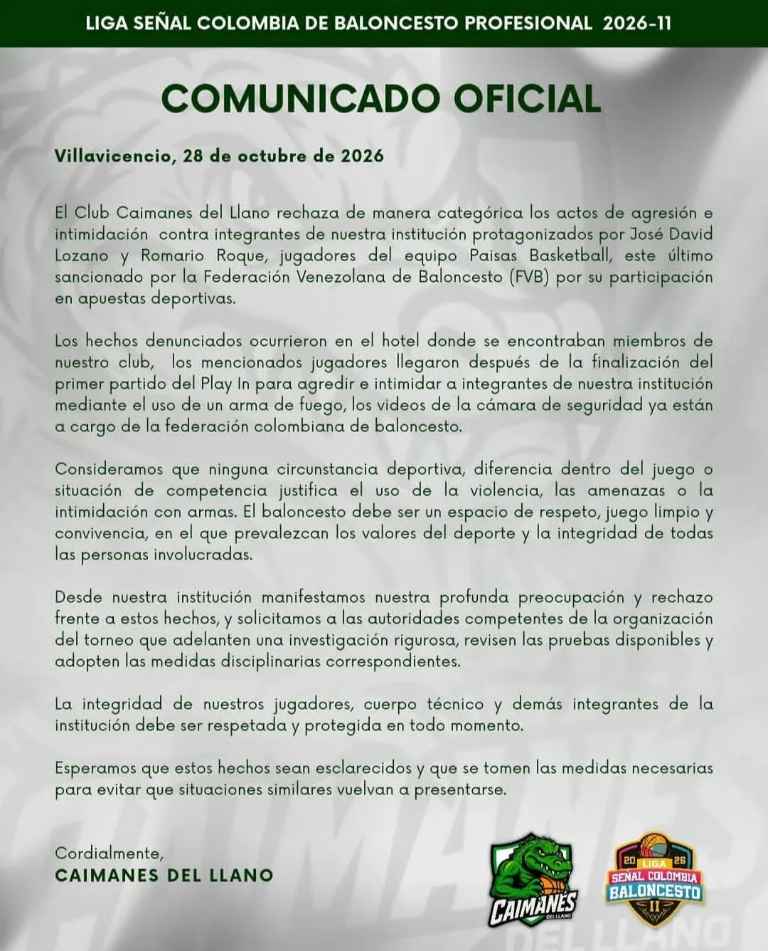 Escándalo en el baloncesto profesional colombiano, Caimanes del Llano denuncia amenazas con arma de fuego