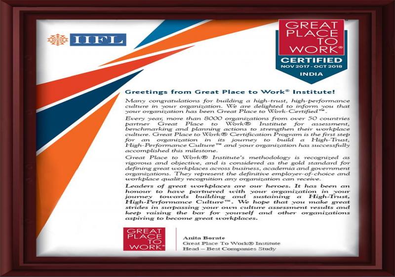 IIFL receives the prestigious 'Great Place to Work' certification