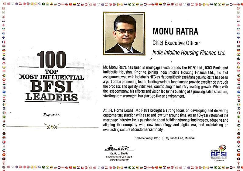 Mr. Monu Ratra recognised as '100 Top Most Influential BFSI Leaders' by World BFSI Congress