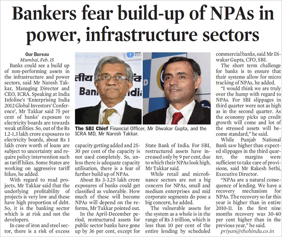 Bankers fear build-up of NPAs in power, infrastructure sectors