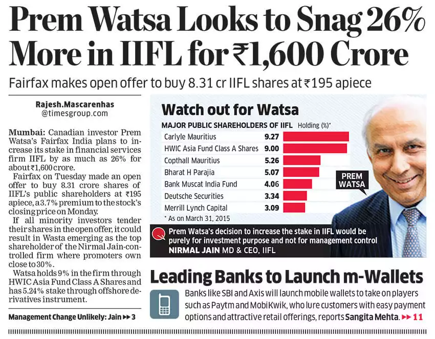 Prem Watsa Looks to Snag 26% More in IIFL for Rs. 1,600 Crore