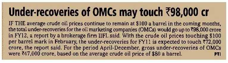 Under Recoveries of OMCs may touch Rs. 98000 cr...
