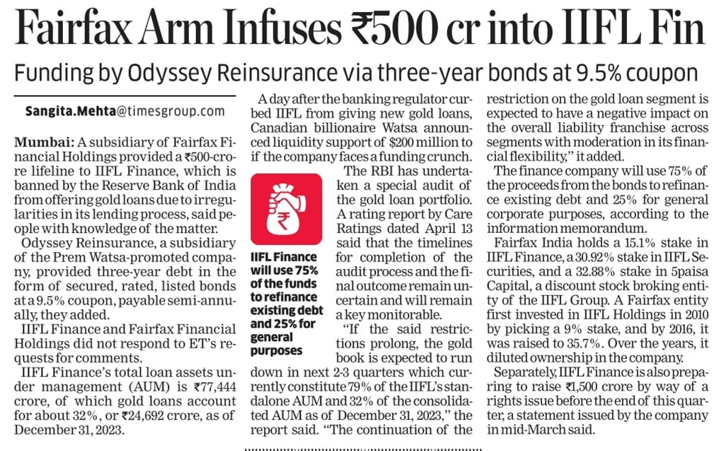 Economic Times: 'Fairfax Arm Infuses ₹500cr Into IIFL Finance'