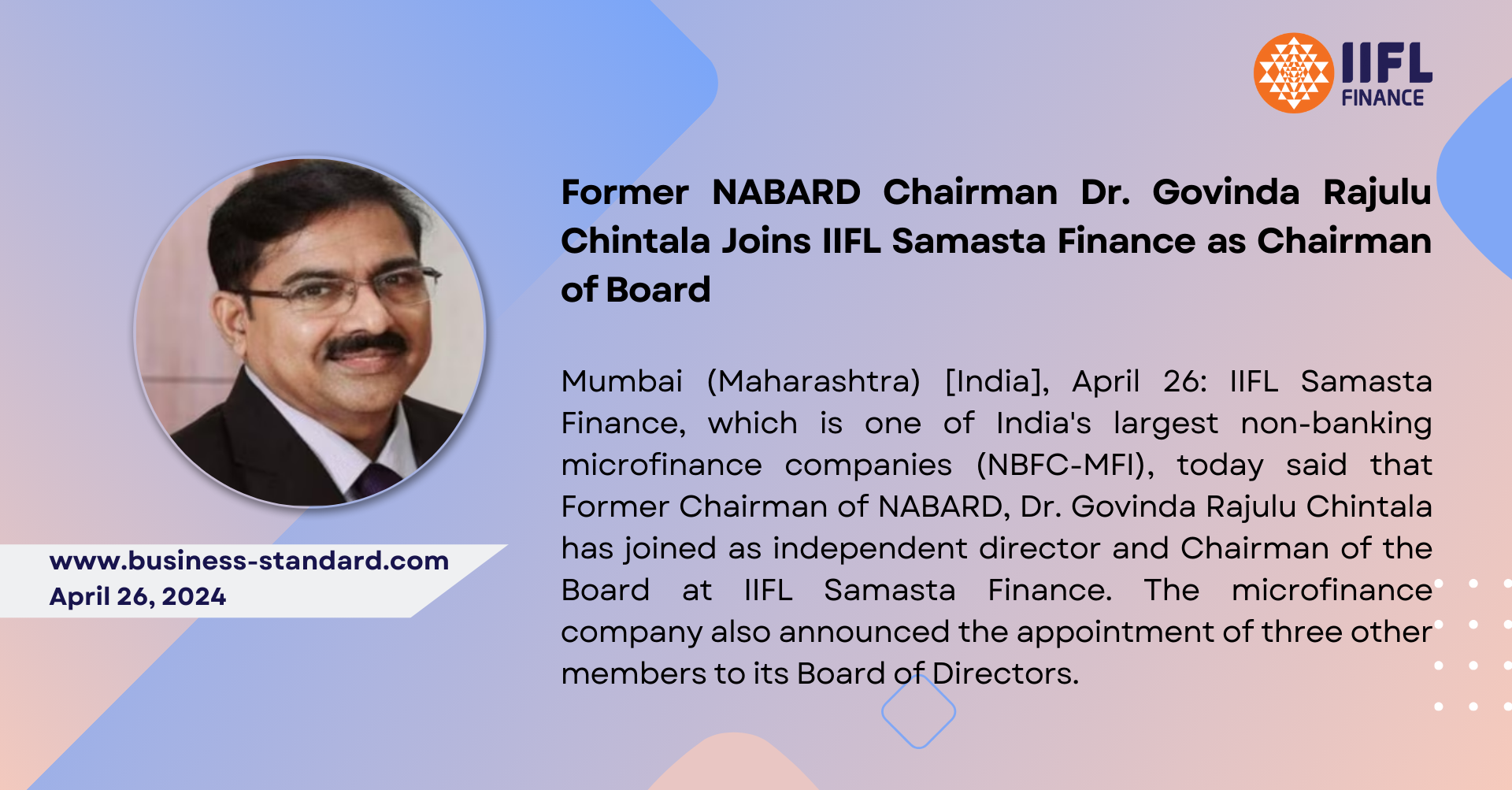 Former NABARD Chairman Dr. Govinda Rajulu Chintala Joins IIFL Samasta Finance as Chairman of Board
