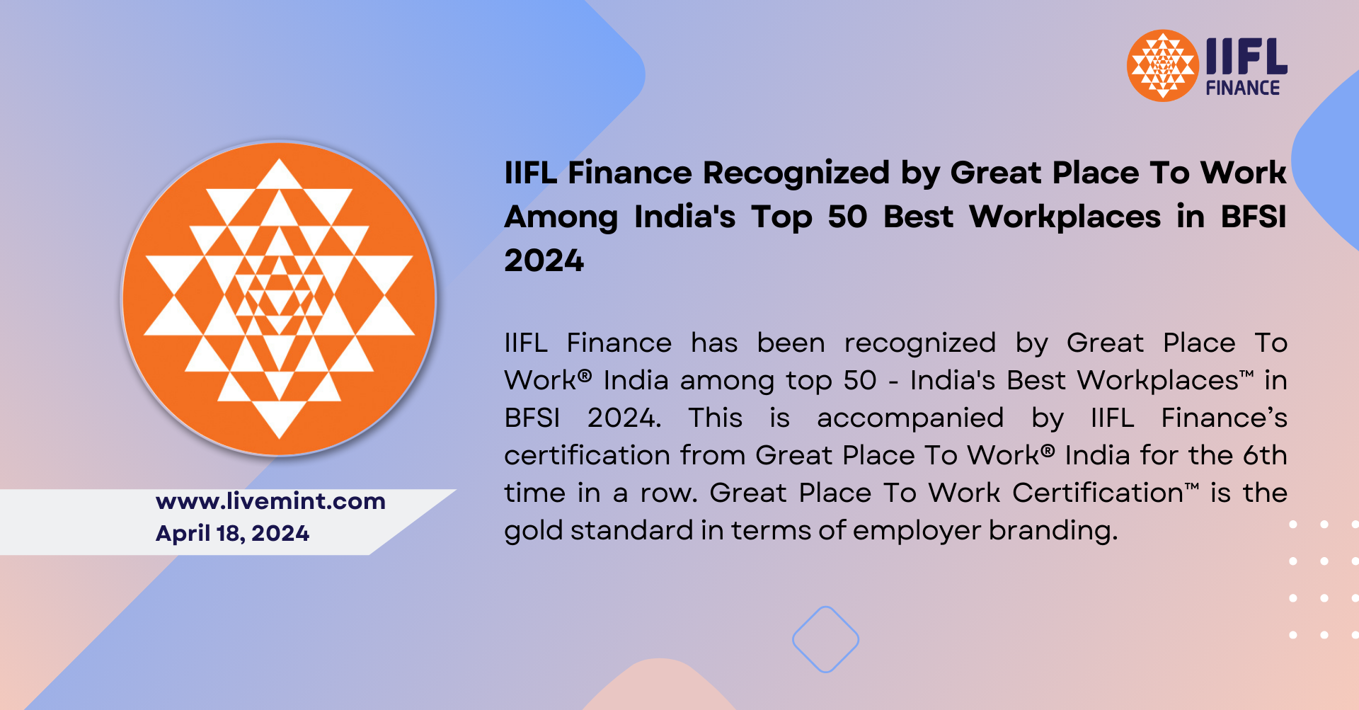 IIFL ફાઇનાન્સ BFSI 50 માં ભારતના ટોચના 2024 શ્રેષ્ઠ કાર્યસ્થળોમાં કામ કરવા માટેના મહાન સ્થળ દ્વારા માન્યતા પ્રાપ્ત