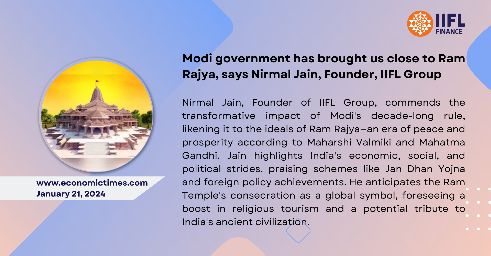 Modi government has brought us close to Ram Rajya, says Nirmal Jain, Founder, IIFL Group