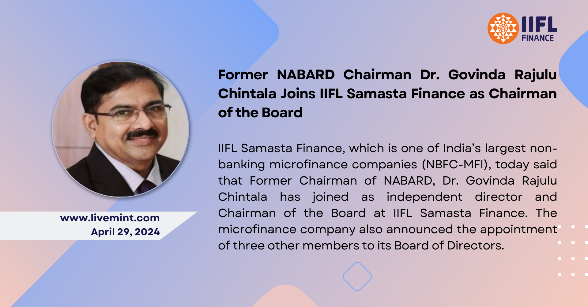 Former NABARD Chairman Dr. Govinda Rajulu Chintala Joins IIFL Samasta Finance as Chairman of the Board