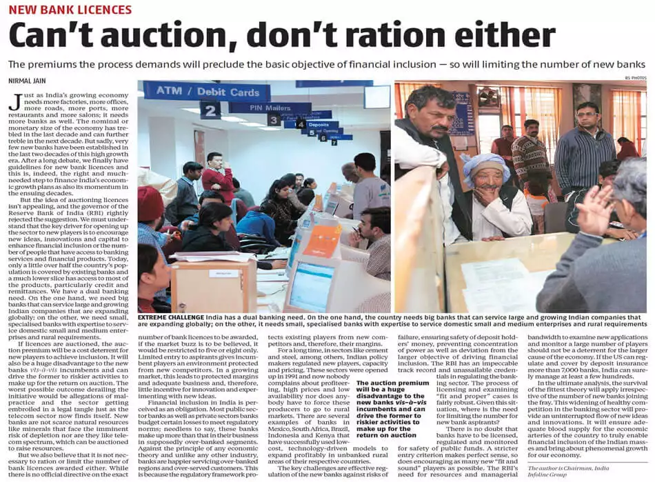 New bank Licenses - Can't auction, don't ration either: Nirmal Jain in BS