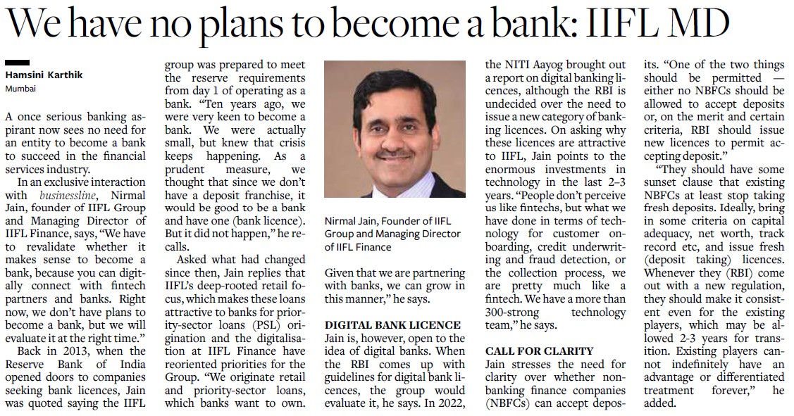 Hindu Business Line: 'IIFL MD: We Have No Plans To Become A Bank"